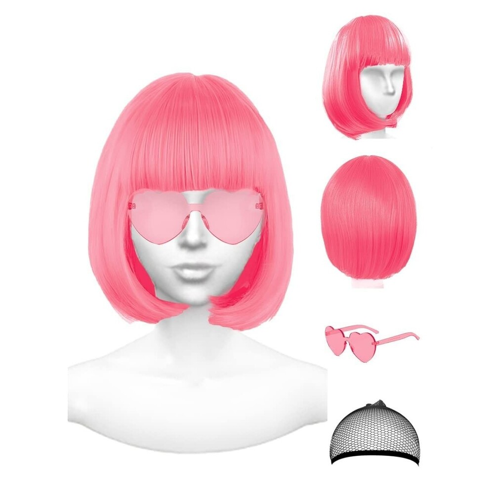Bob Wig Dark Pink With Sunglasses 12 In Neon Cosplay Costume Party Bachelorette